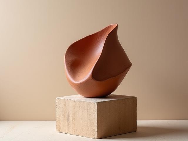 Abstrakte Keramikskulptur in erdigen Tönen auf einem Holzsockel.